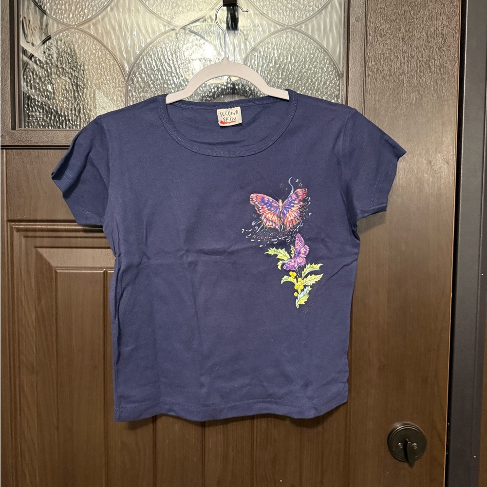 Y2K Second Skin Overalls Navy Tee with Butterfly Design